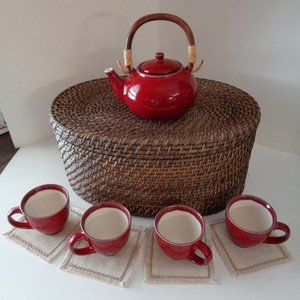 Red Blaze Stoneware Tea Set, Teapot, 4 cups & coasters, Infuser & rattan basket